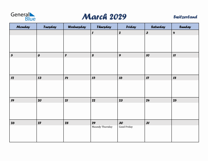 March 2029 Calendar with Holidays in Switzerland