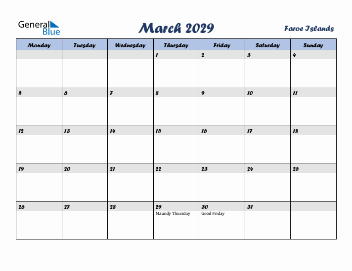 March 2029 Calendar with Holidays in Faroe Islands