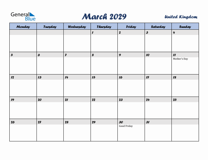 March 2029 Calendar with Holidays in United Kingdom