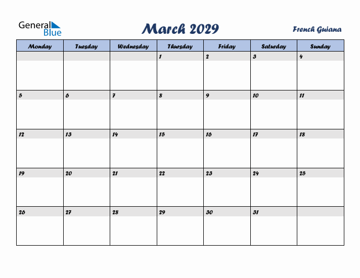 March 2029 Calendar with Holidays in French Guiana