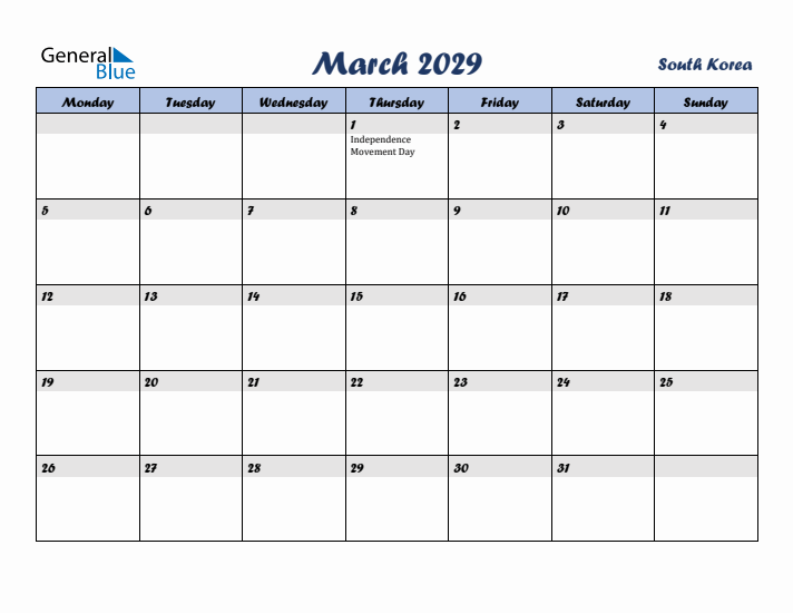 March 2029 Calendar with Holidays in South Korea