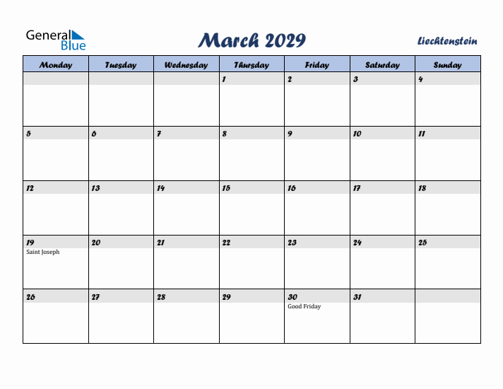 March 2029 Calendar with Holidays in Liechtenstein