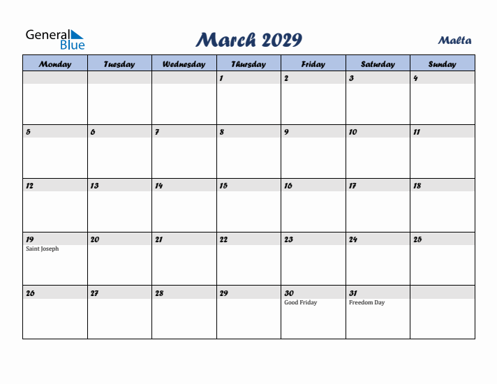 March 2029 Calendar with Holidays in Malta