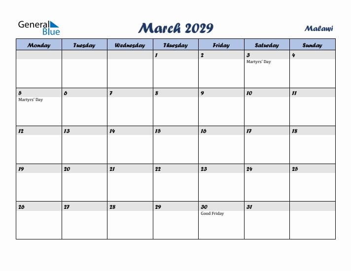 March 2029 Calendar with Holidays in Malawi