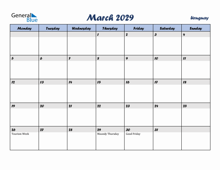 March 2029 Calendar with Holidays in Uruguay