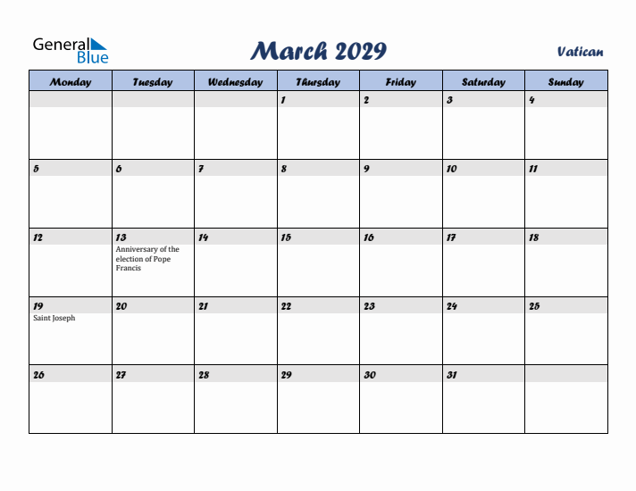 March 2029 Calendar with Holidays in Vatican