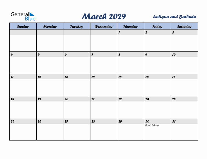 March 2029 Calendar with Holidays in Antigua and Barbuda