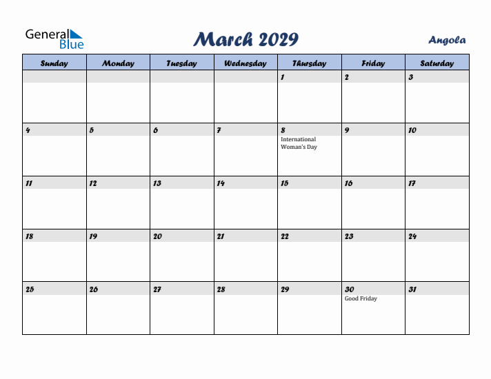 March 2029 Calendar with Holidays in Angola