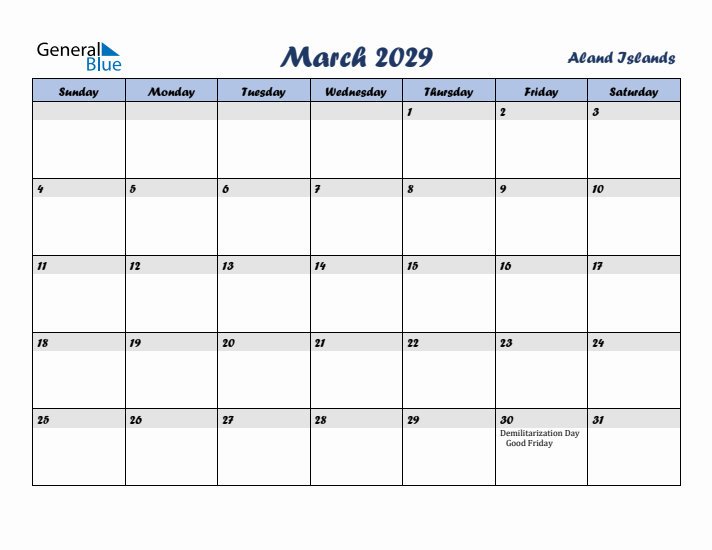 March 2029 Calendar with Holidays in Aland Islands