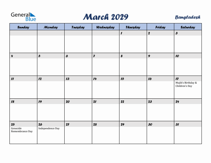 March 2029 Calendar with Holidays in Bangladesh