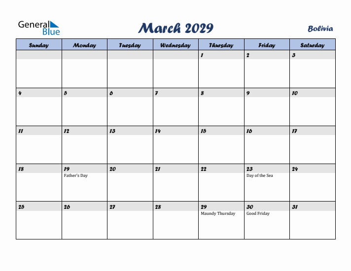 March 2029 Calendar with Holidays in Bolivia