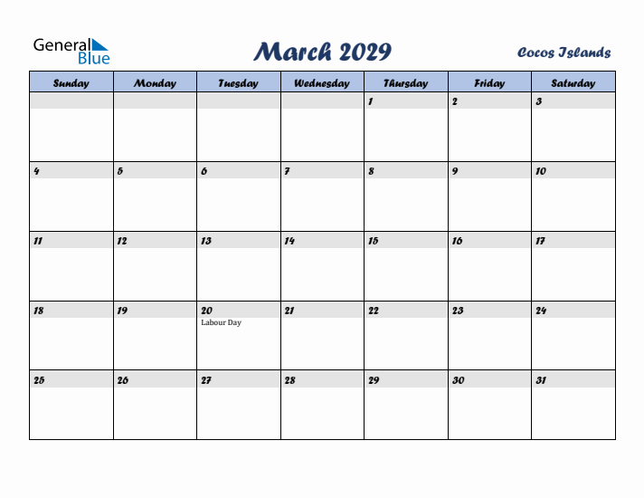 March 2029 Calendar with Holidays in Cocos Islands