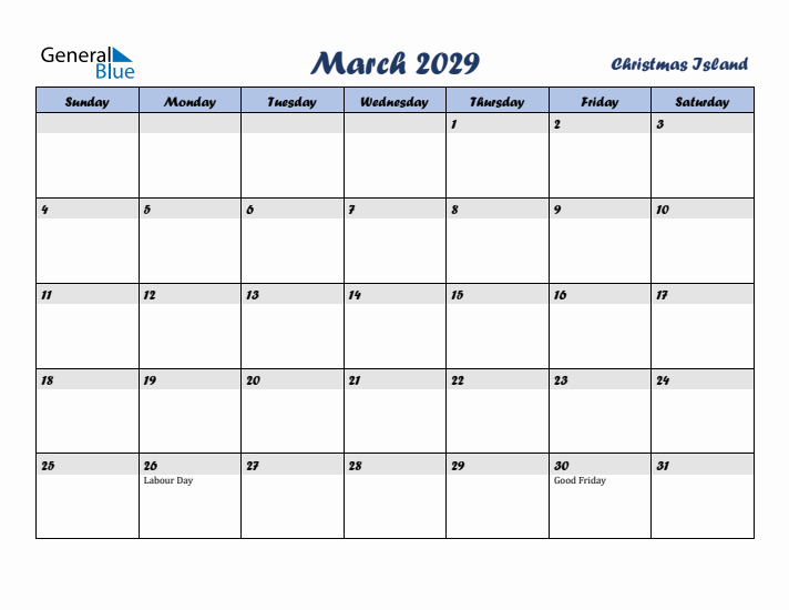 March 2029 Calendar with Holidays in Christmas Island