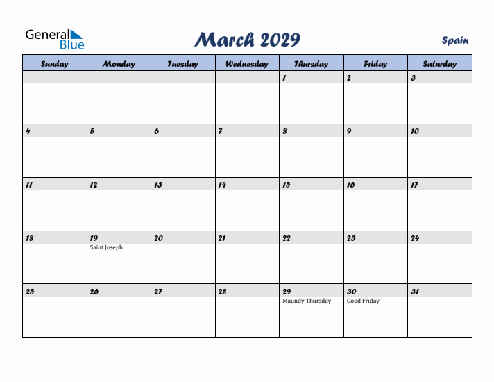 March 2029 Calendar with Holidays in Spain