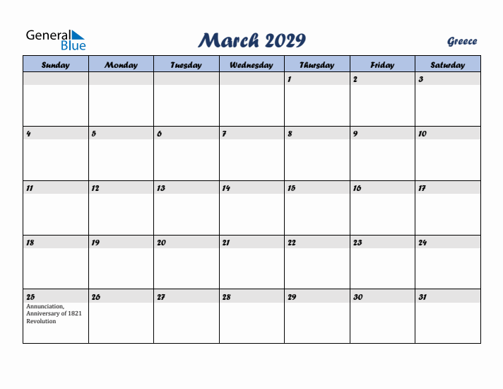 March 2029 Calendar with Holidays in Greece