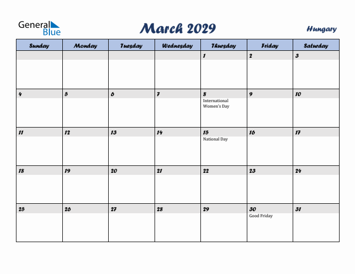 March 2029 Calendar with Holidays in Hungary