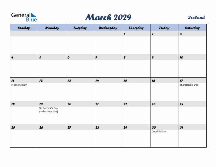 March 2029 Calendar with Holidays in Ireland