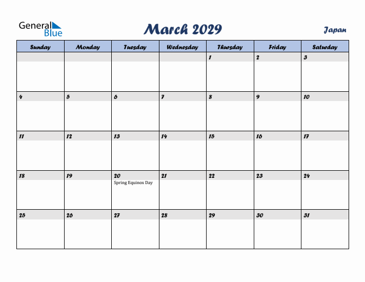 March 2029 Calendar with Holidays in Japan