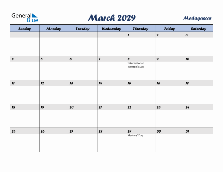 March 2029 Calendar with Holidays in Madagascar