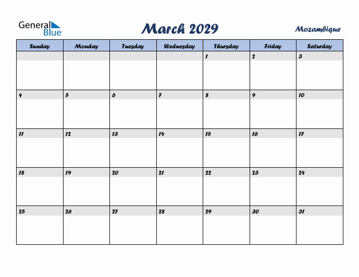 March 2029 Calendar with Holidays in Mozambique