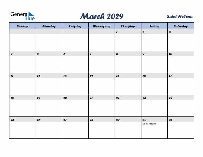 March 2029 Calendar with Holidays in Saint Helena