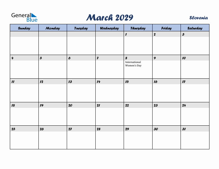 March 2029 Calendar with Holidays in Slovenia