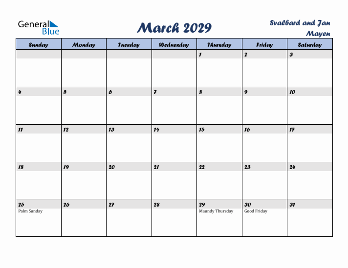 March 2029 Calendar with Holidays in Svalbard and Jan Mayen