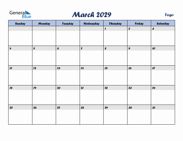 March 2029 Calendar with Holidays in Togo