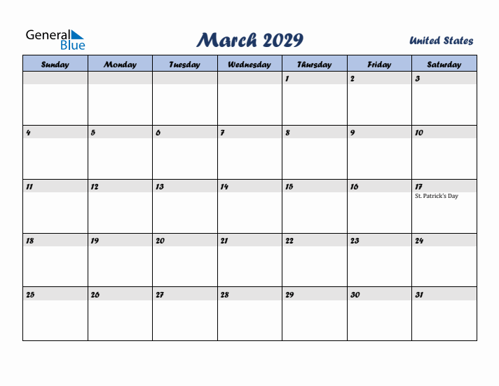 March 2029 Calendar with Holidays in United States