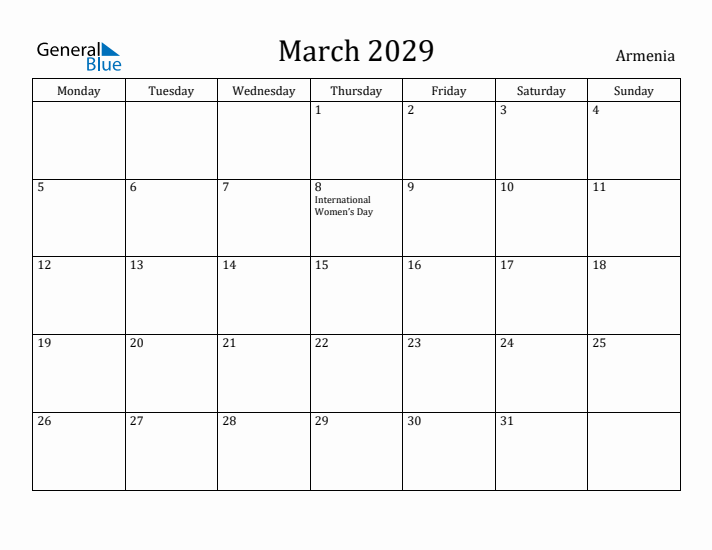 March 2029 Calendar Armenia