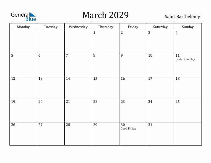 March 2029 Calendar Saint Barthelemy