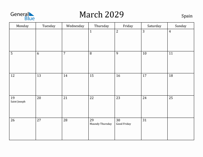 March 2029 Calendar Spain