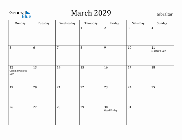 March 2029 Calendar Gibraltar