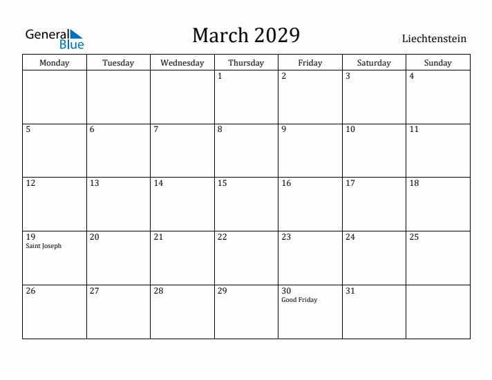 March 2029 Calendar Liechtenstein