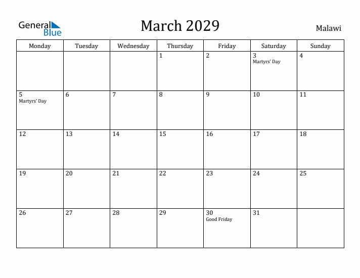 March 2029 Calendar Malawi