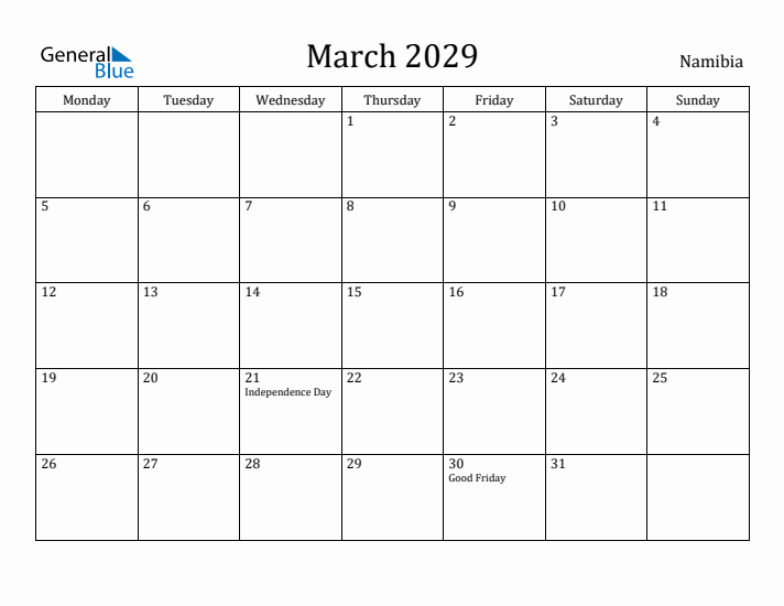 March 2029 Calendar Namibia