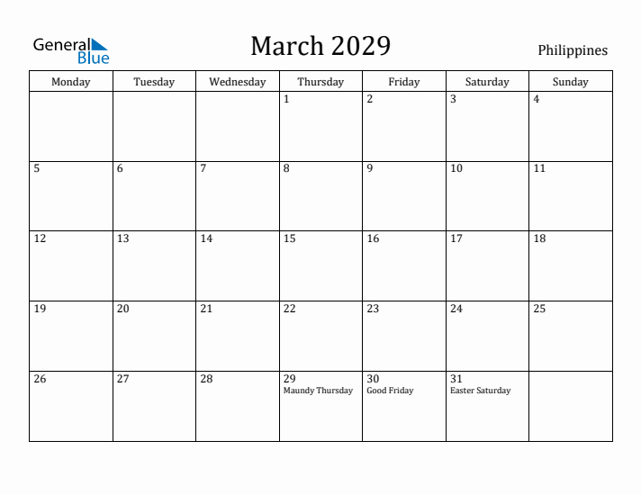 March 2029 Calendar Philippines