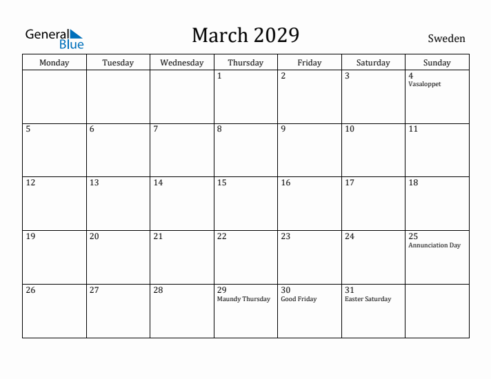 March 2029 Calendar Sweden