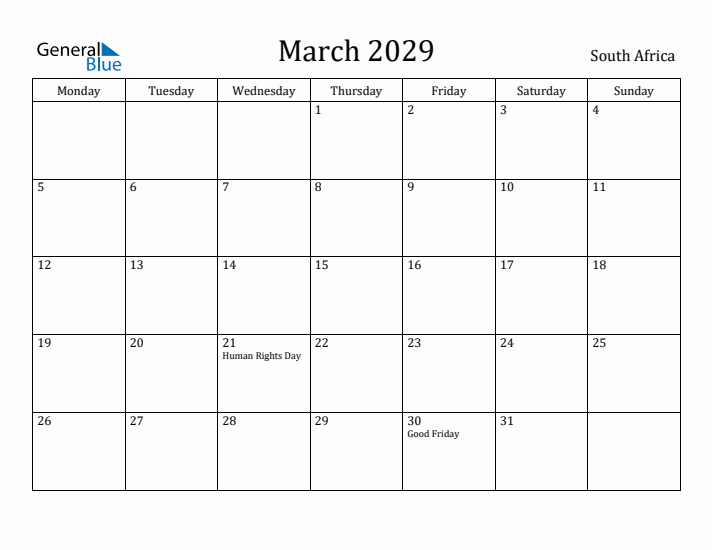 March 2029 Calendar South Africa