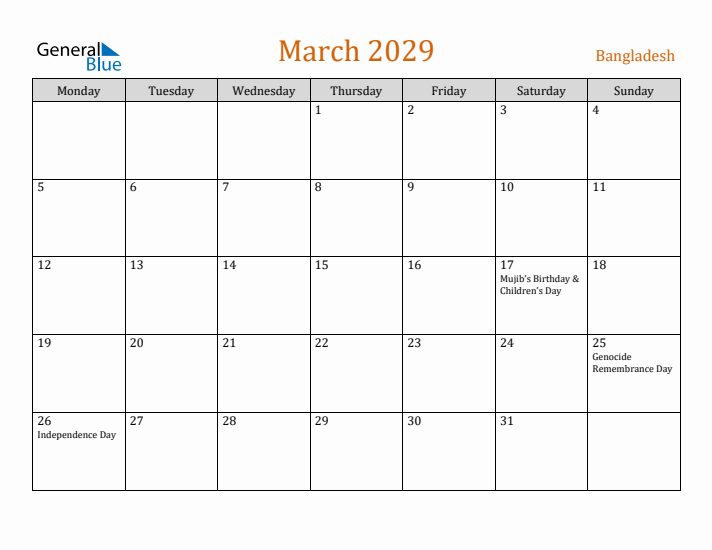 March 2029 Holiday Calendar with Monday Start