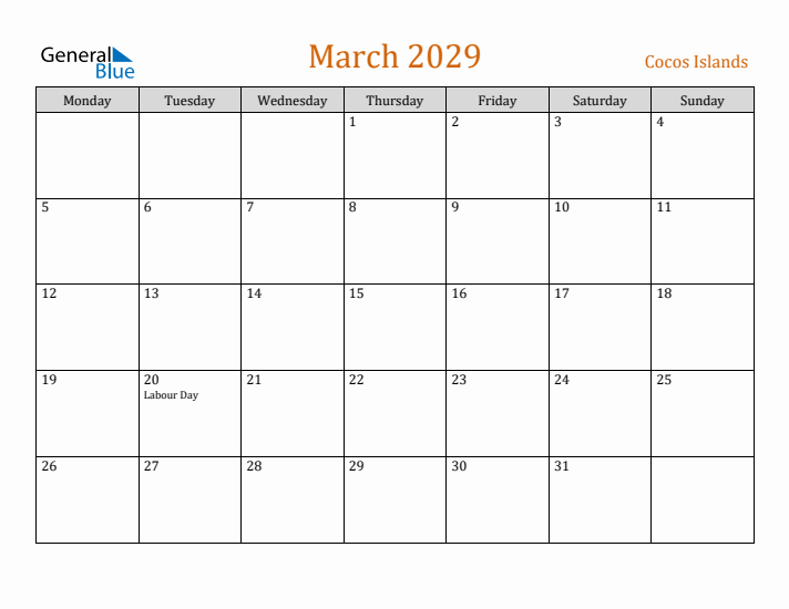 March 2029 Holiday Calendar with Monday Start