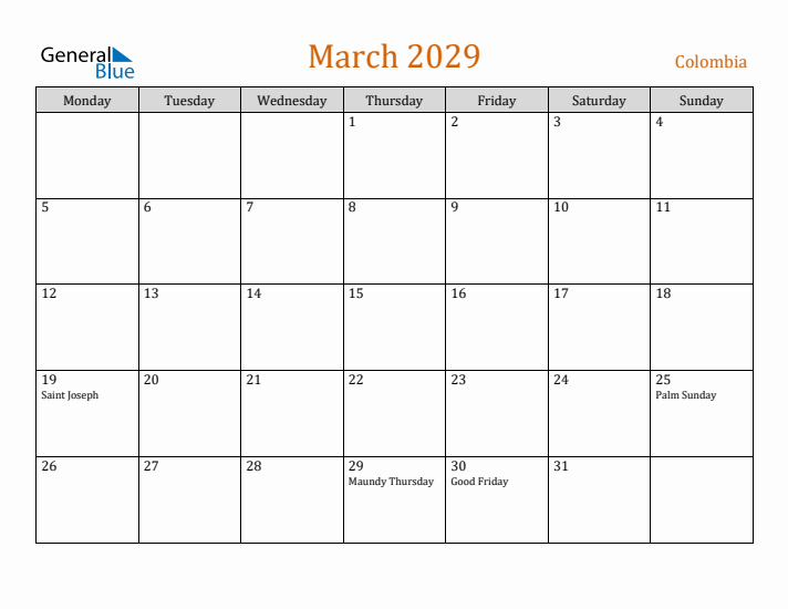 March 2029 Holiday Calendar with Monday Start