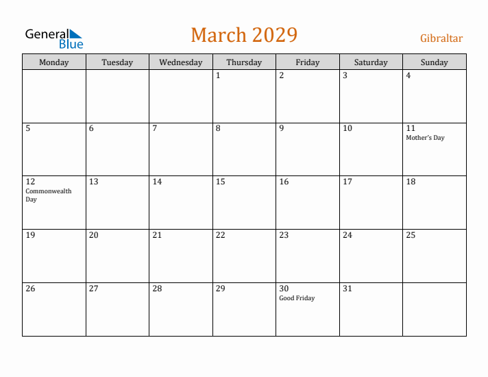 March 2029 Holiday Calendar with Monday Start