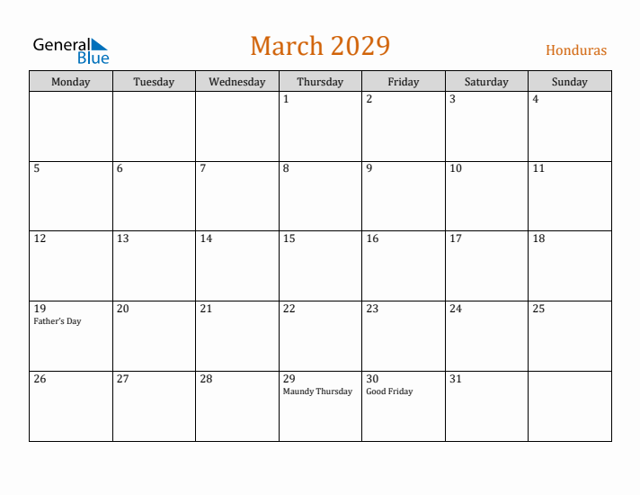 March 2029 Holiday Calendar with Monday Start