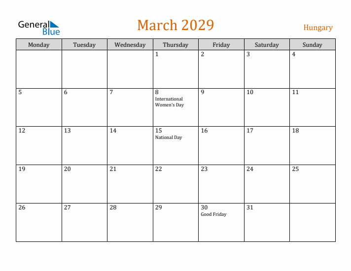 March 2029 Holiday Calendar with Monday Start