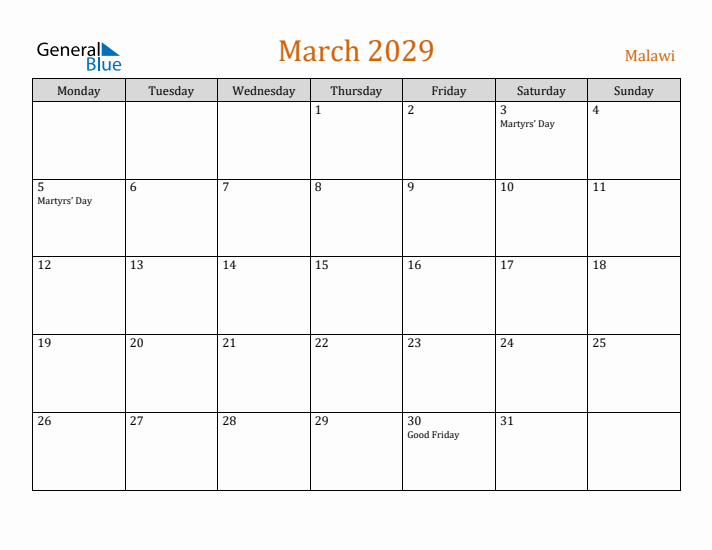 March 2029 Holiday Calendar with Monday Start