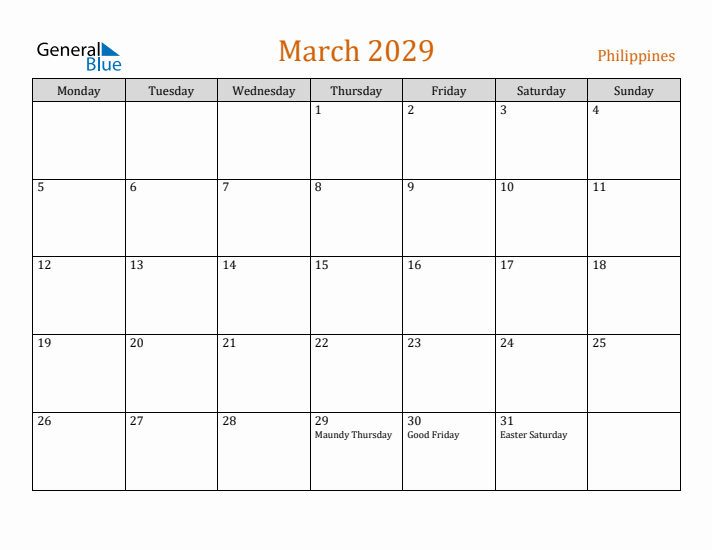 March 2029 Holiday Calendar with Monday Start