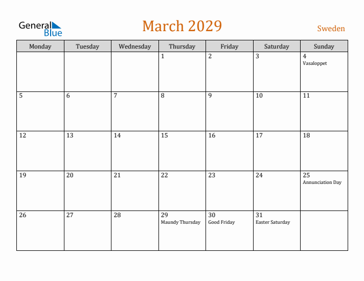 March 2029 Holiday Calendar with Monday Start