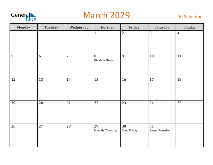 March 2029 Holiday Calendar with Monday Start