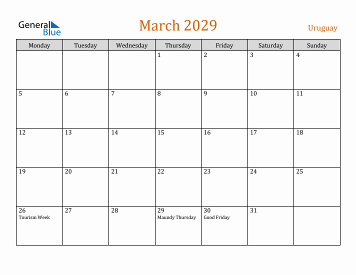 March 2029 Holiday Calendar with Monday Start